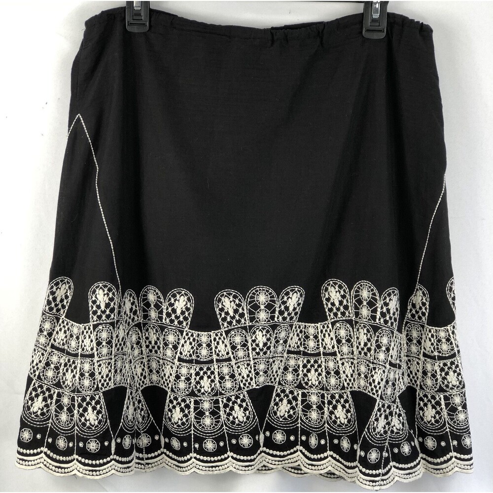 Vintage A-Line Mini Skirt L Blk/Ivory Embroidered Scallop Hem Boho Grunge Y2K